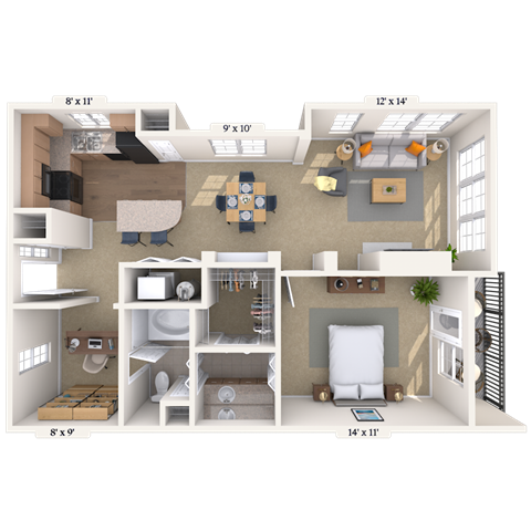 Floor plan for 1 bed, 1 bath, 900 sqft